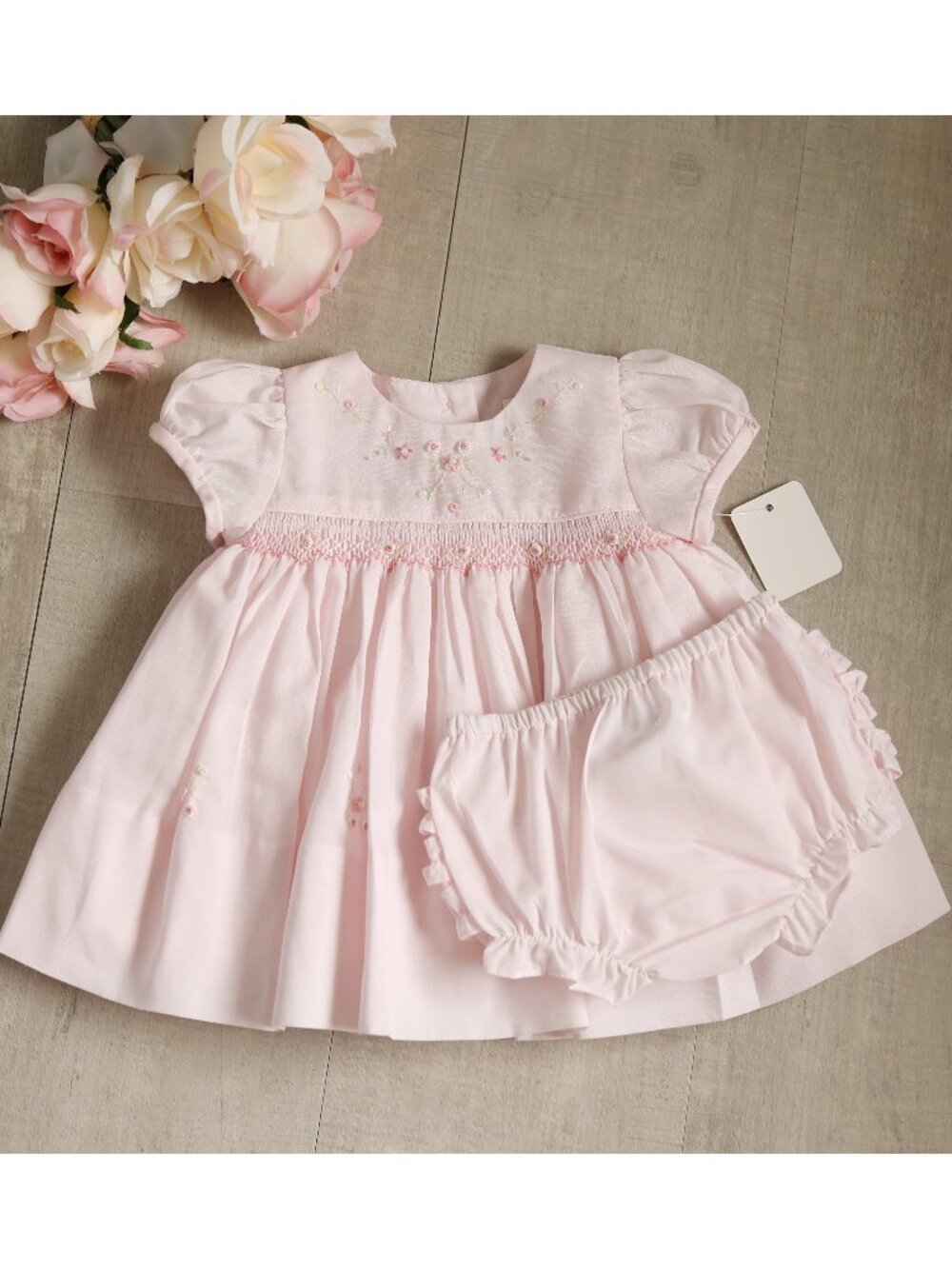 Preemie Newborn Pink Smocked Dress Pearls Pink Embroidery Ruffled Diaper Cover
